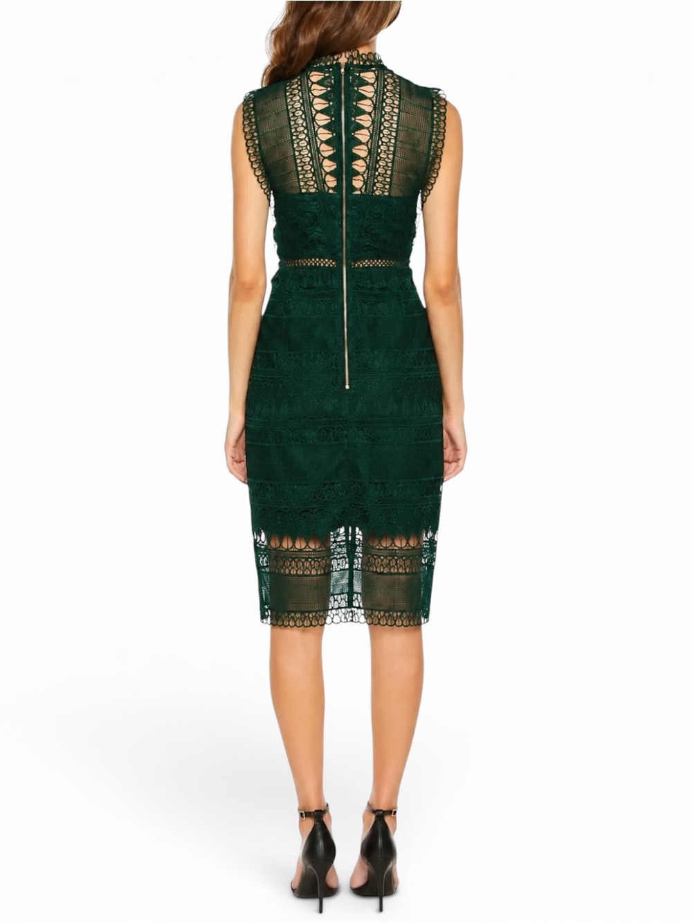 BARDOT ✘ Mariana Lace Panel Sheath Midi Dress Dark Green Mock Neck Cocktail, 8 M - Picture 3 of 7
